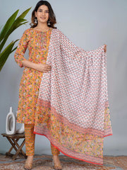 Women Floral Printed Regular Thread Work Pure Cotton Kurta with Trousers & With Dupatta