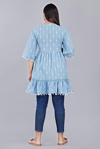 RAJOOL'S Light Blue Colored Short Kurti with White Work and Tassel on The Neck and Pompom Lace on The Bottom and Sleeves