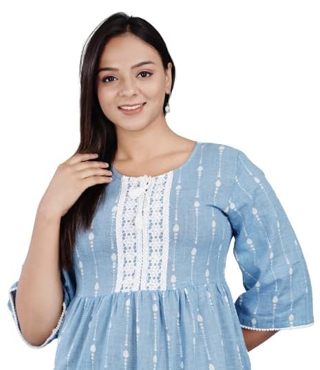 RAJOOL'S Light Blue Colored Short Kurti with White Work and Tassel on The Neck and Pompom Lace on The Bottom and Sleeves