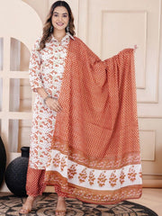 Women Floral Printed Regular Pure Cotton Kurta with Pyjamas & With Dupatta