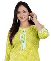 RAJOOL'S Yellow Colored Kurti with Matching York Pattern and Designer Sleeves and White Matching lace, Along with Matching Pant.