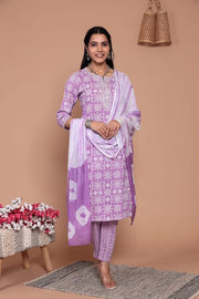 RAJOOL'S Purple Cotton Designer Kurti with Matching Work on Neck n Sleeves and Heavy Embroidery Work,Along with Matching Pant and Dupatta