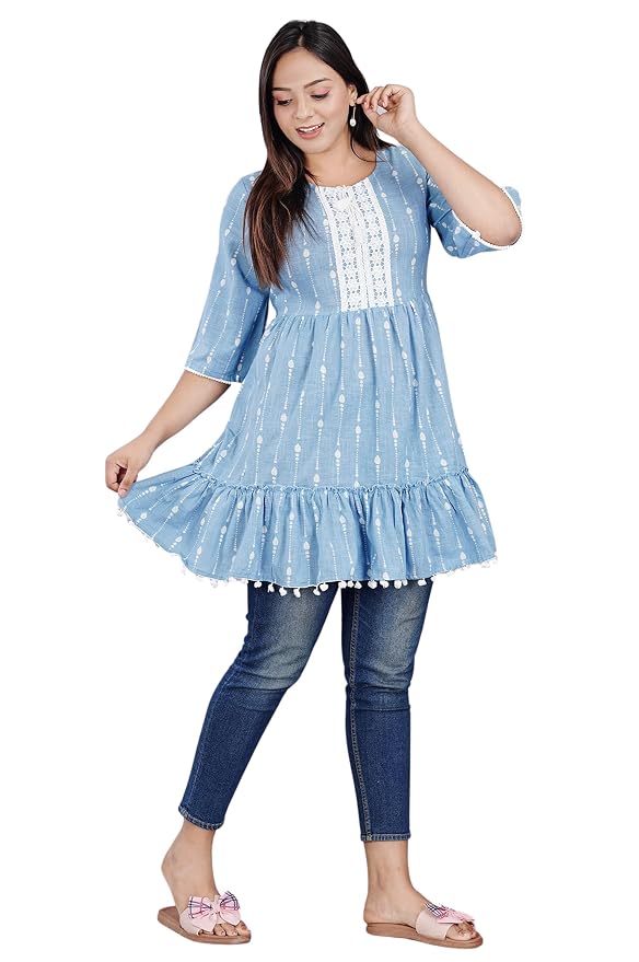 RAJOOL'S Light Blue Colored Short Kurti with White Work and Tassel on The Neck and Pompom Lace on The Bottom and Sleeves