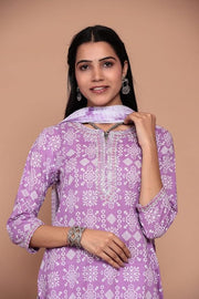 RAJOOL'S Purple Cotton Designer Kurti with Matching Work on Neck n Sleeves and Heavy Embroidery Work,Along with Matching Pant and Dupatta