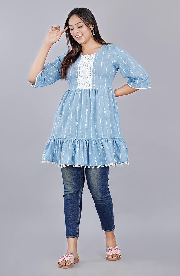 RAJOOL'S Light Blue Colored Short Kurti with White Work and Tassel on The Neck and Pompom Lace on The Bottom and Sleeves