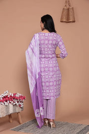 RAJOOL'S Purple Cotton Designer Kurti with Matching Work on Neck n Sleeves and Heavy Embroidery Work,Along with Matching Pant and Dupatta