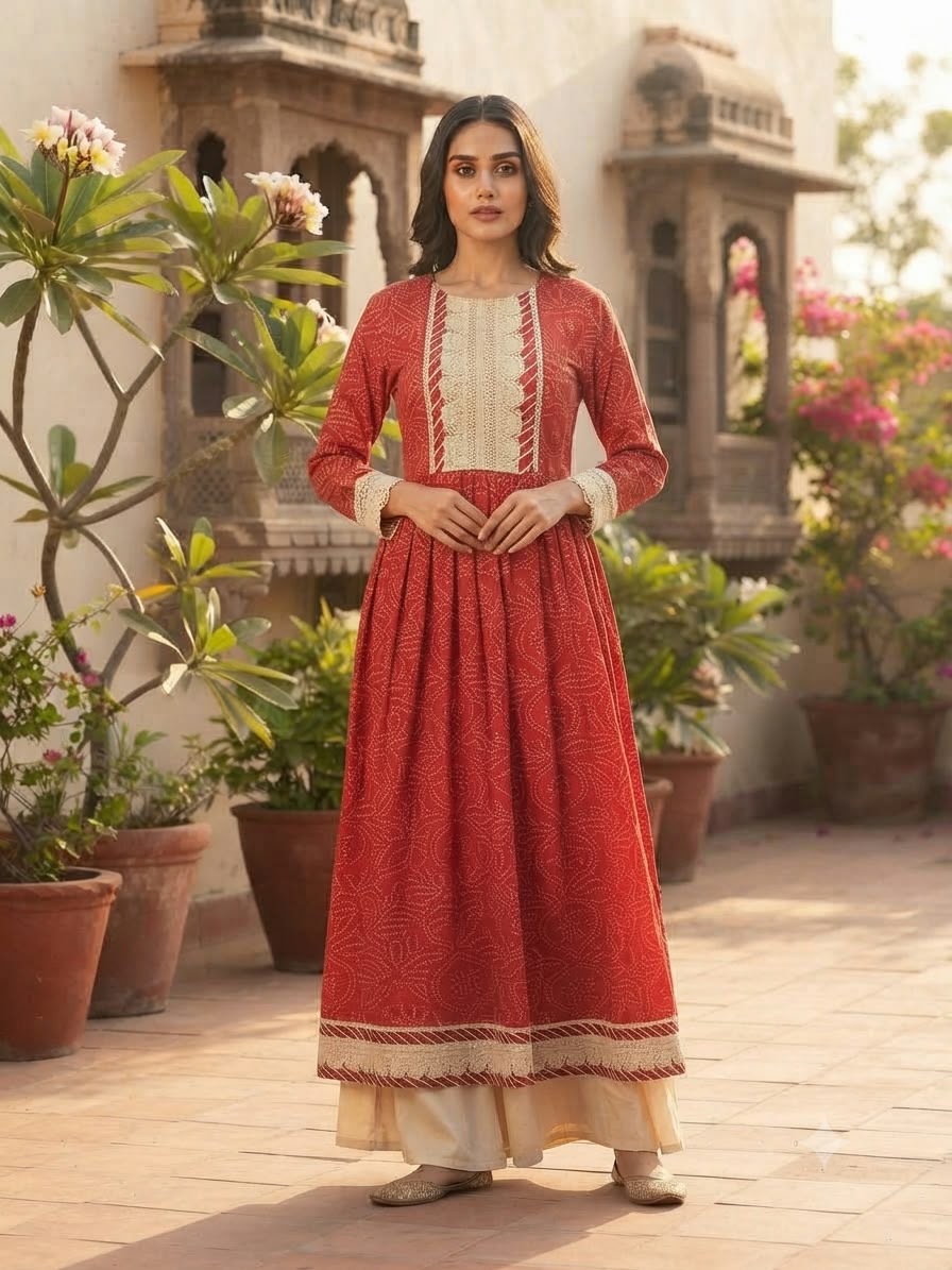 Rust Red Printed Anarkali Kurta
