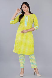 RAJOOL'S Yellow Colored Kurti with Matching York Pattern and Designer Sleeves and White Matching lace, Along with Matching Pant.