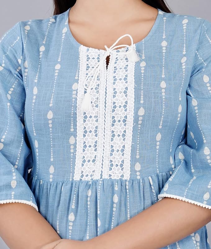 RAJOOL'S Light Blue Colored Short Kurti with White Work and Tassel on The Neck and Pompom Lace on The Bottom and Sleeves