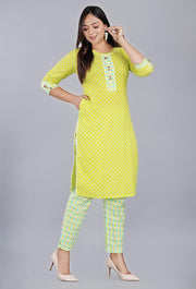 RAJOOL'S Yellow Colored Kurti with Matching York Pattern and Designer Sleeves and White Matching lace, Along with Matching Pant.