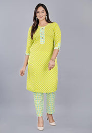 RAJOOL'S Yellow Colored Kurti with Matching York Pattern and Designer Sleeves and White Matching lace, Along with Matching Pant.