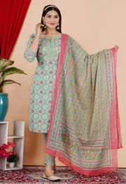 Teal,yellow kurti pant dupatta set