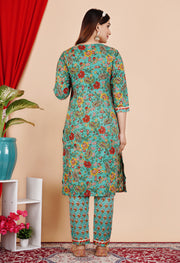 Teal floral straight kurti pant dupatta