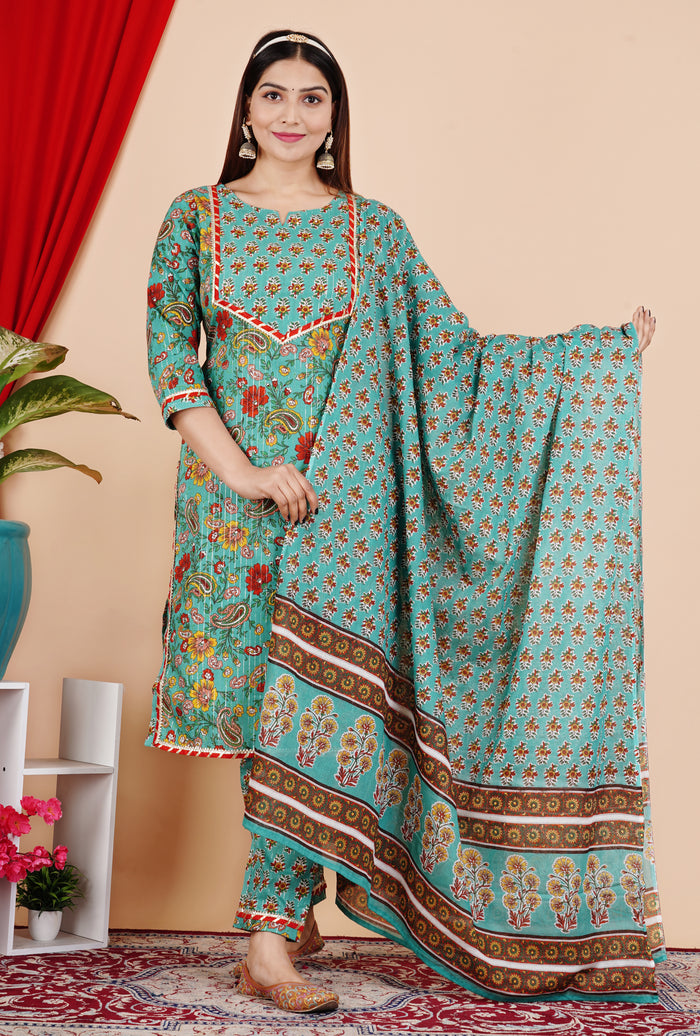 Teal floral straight kurti pant dupatta