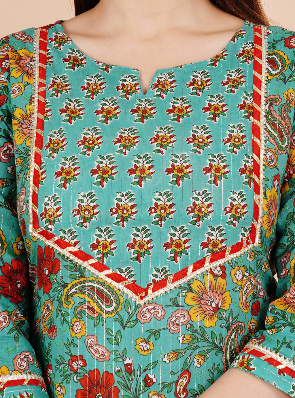 Teal floral straight kurti pant dupatta