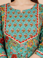 Teal floral straight kurti pant dupatta