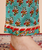 Teal floral straight kurti pant dupatta