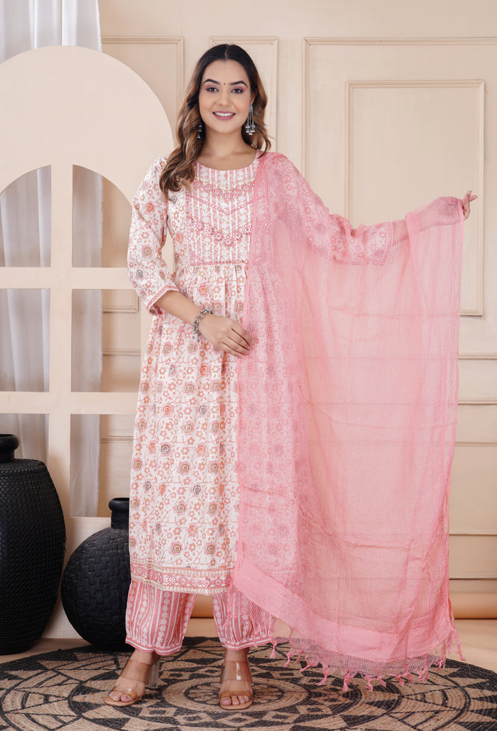 Pink floral nayra cut kurti dupatta pant