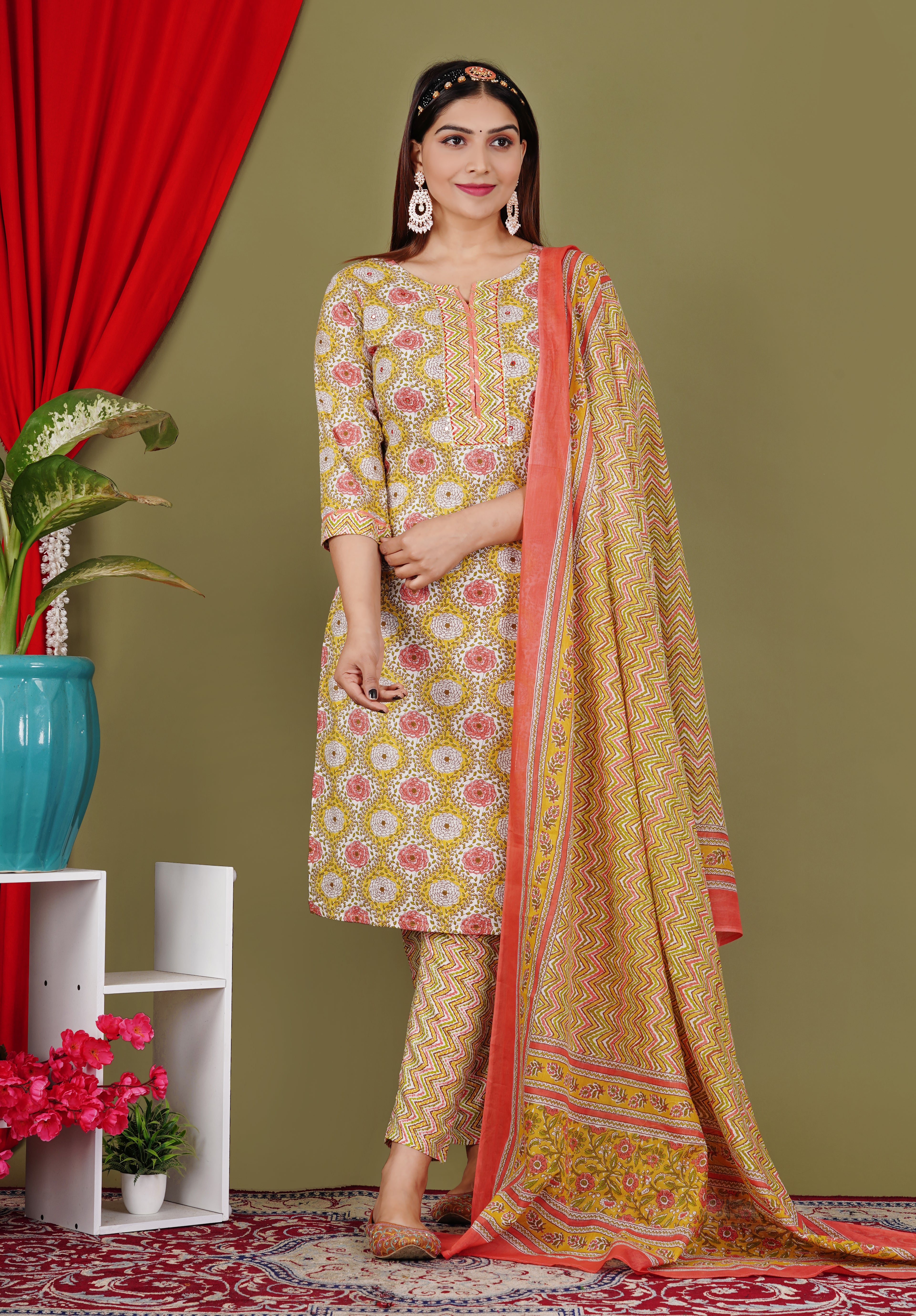 Teal & Yellow Kurti Pant Dupatta Set