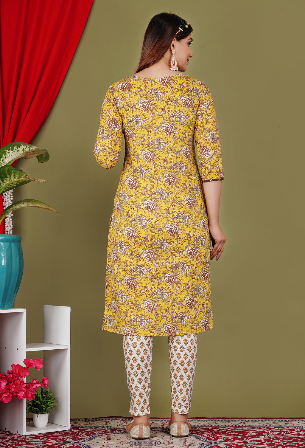 Yellow floral straight kurti pant dupatta