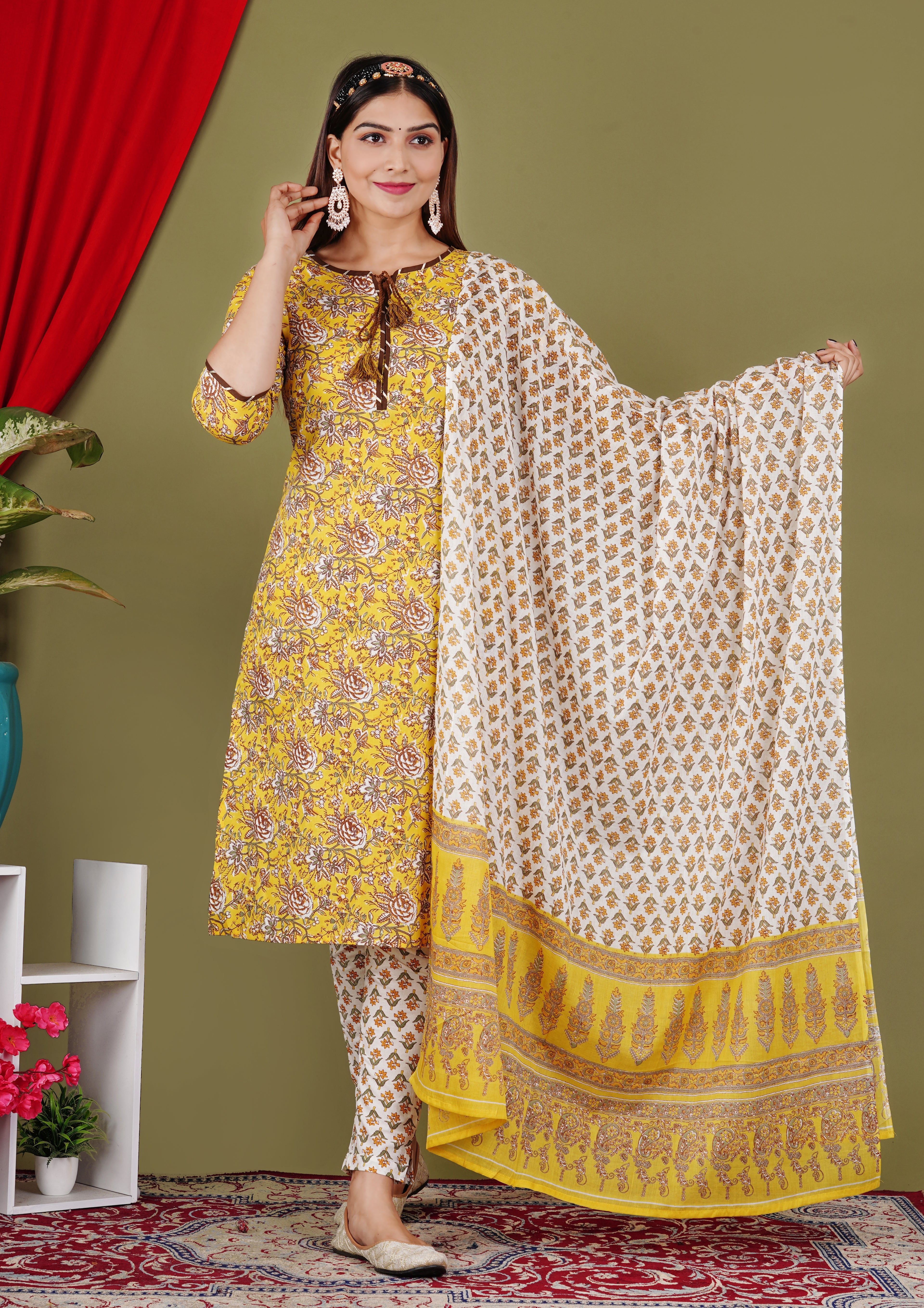 Yellow floral straight kurti pant dupatta