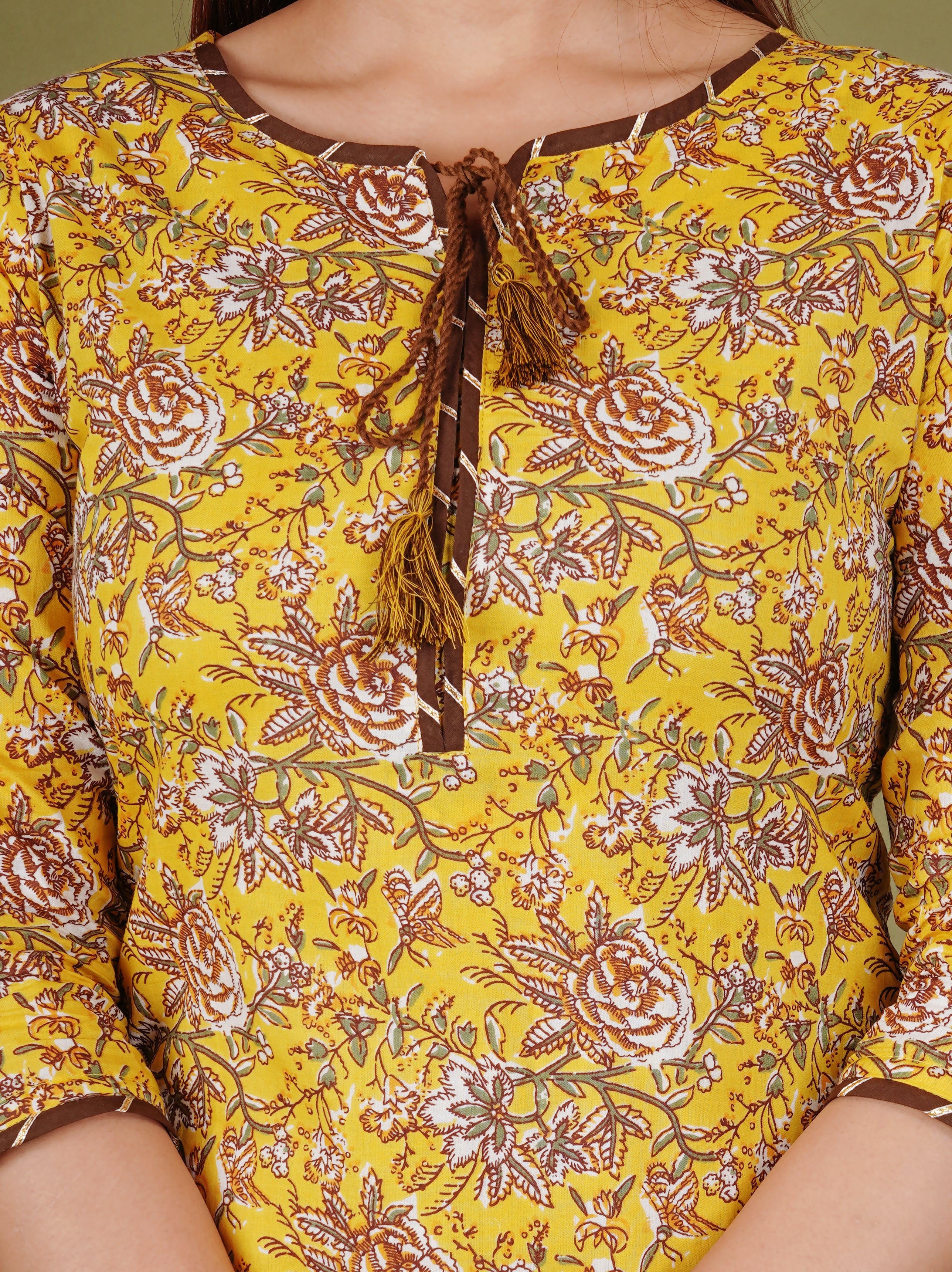 Yellow floral straight kurti pant dupatta