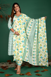 Blue V-neck kurti pant dupatta