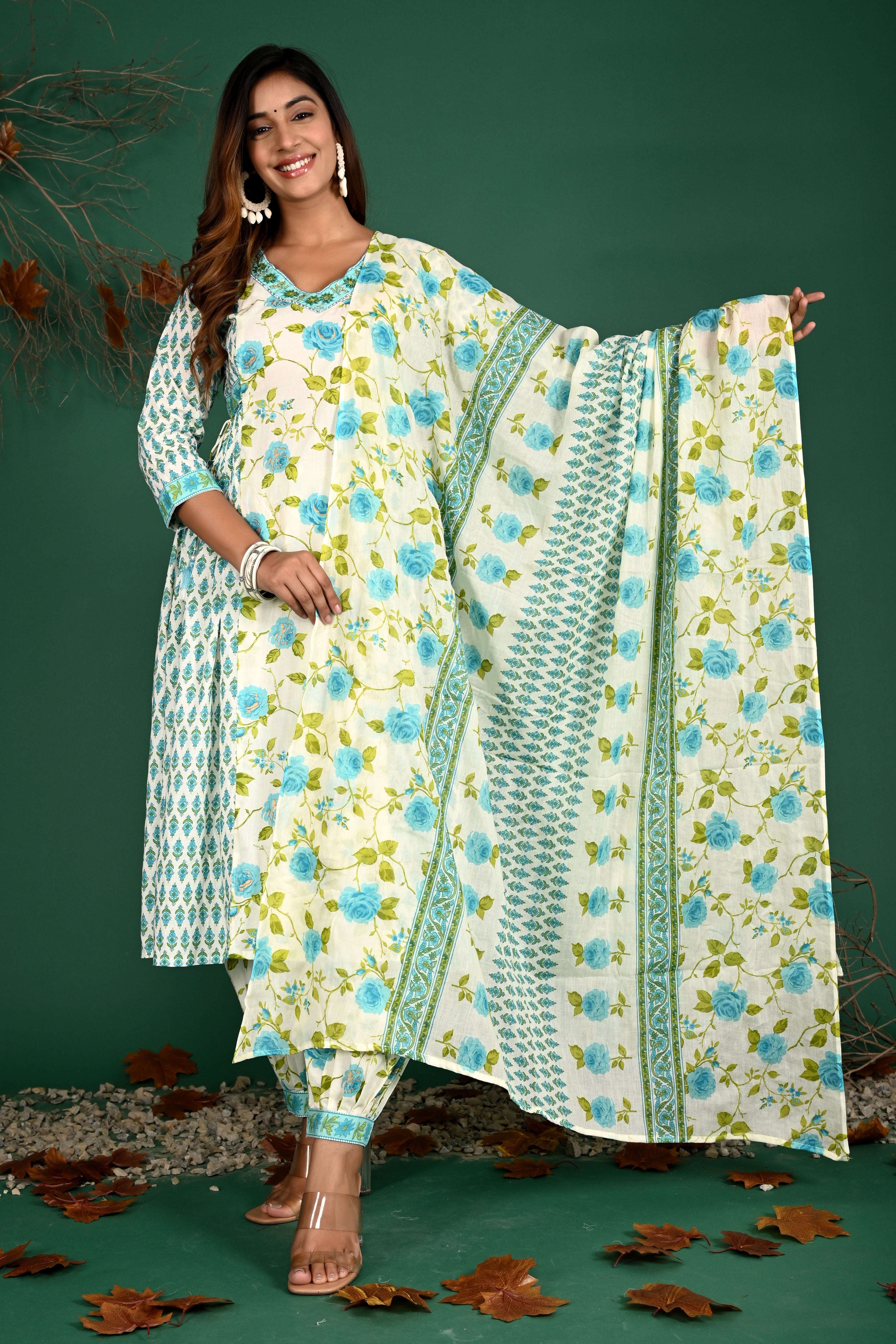 Blue V-neck kurti pant dupatta