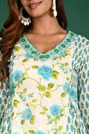 Blue V-neck kurti pant dupatta