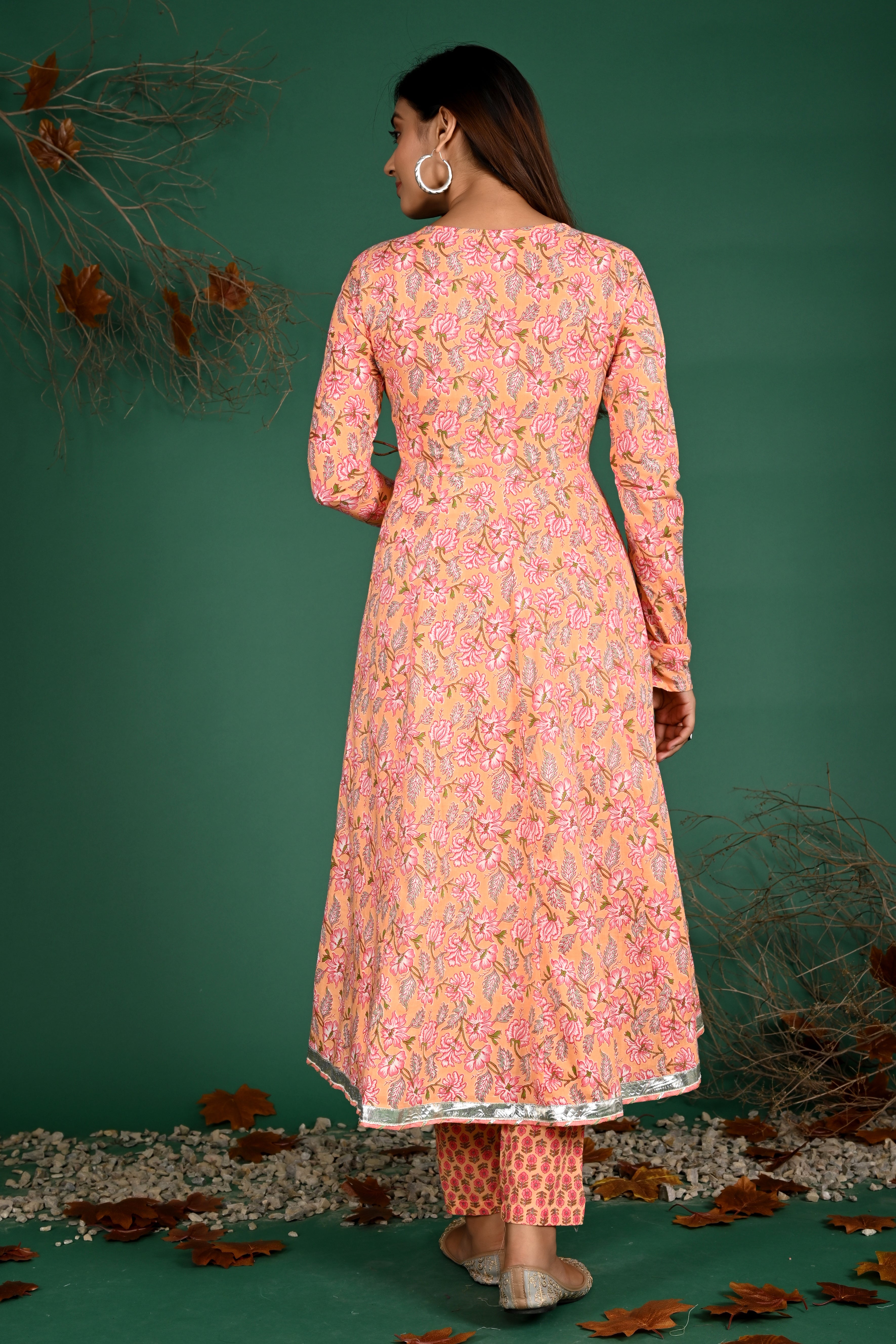 Peach angarakha kurti pant dupatta
