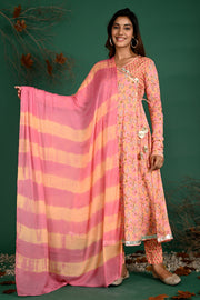 Peach angarakha kurti pant dupatta