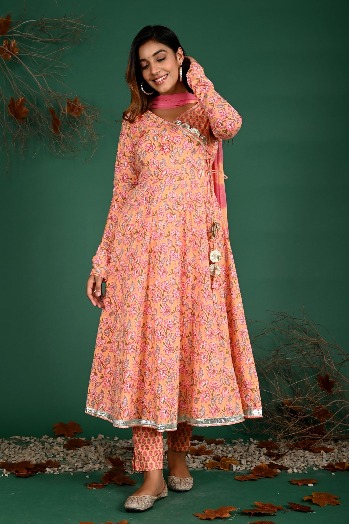 Peach angarakha kurti pant dupatta