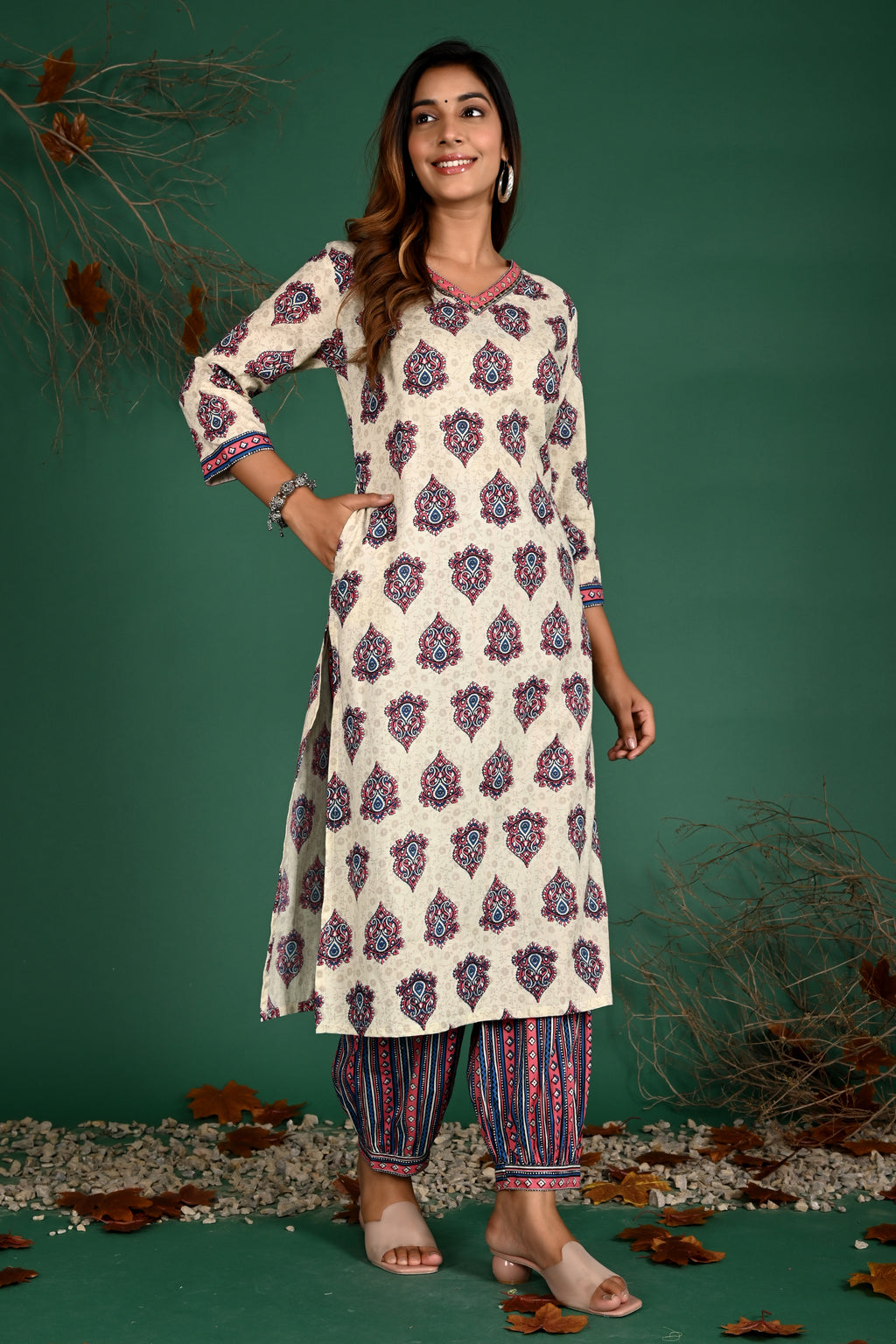 Cream v-neck kurti
