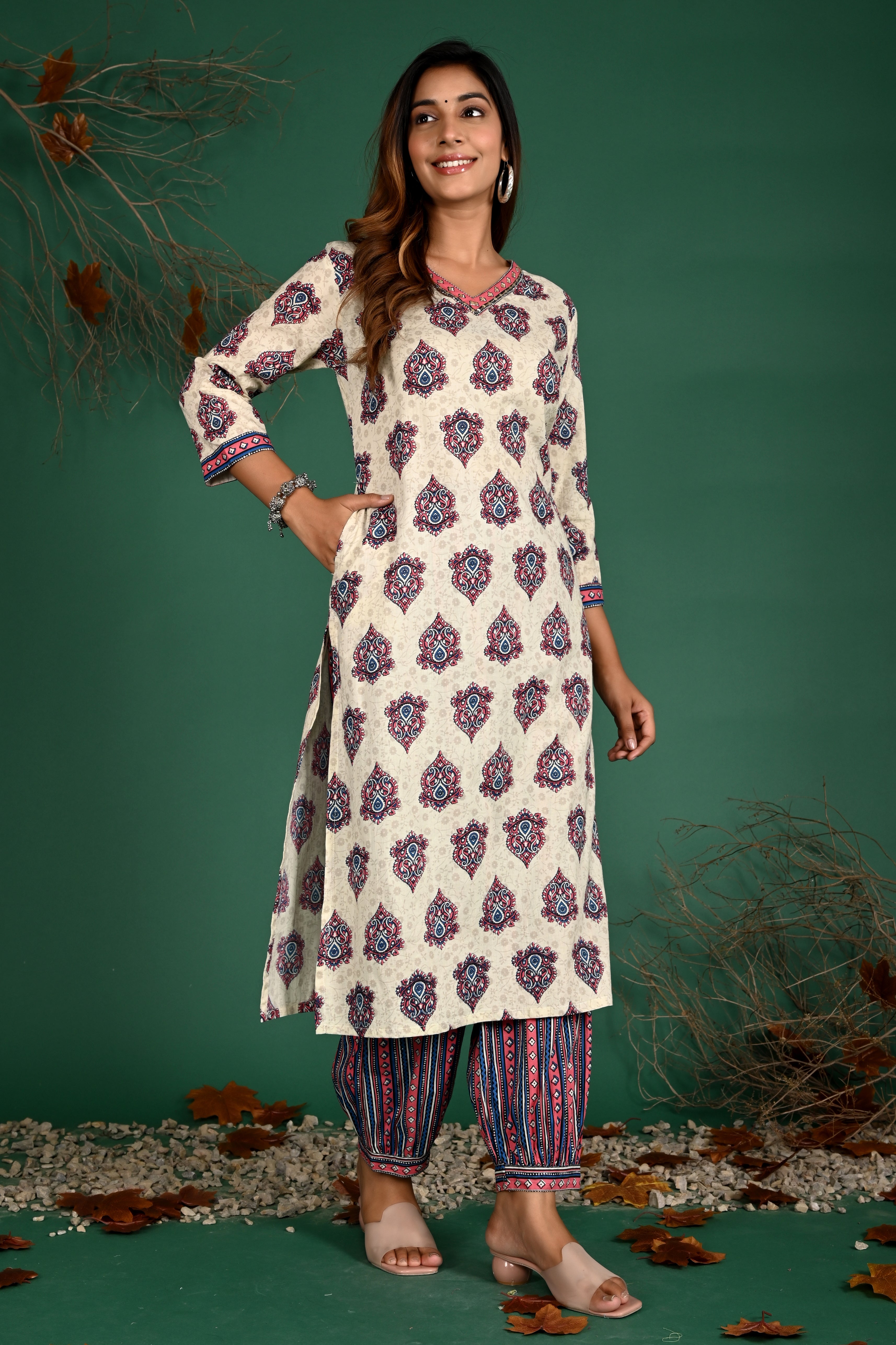 Cream v-neck kurti