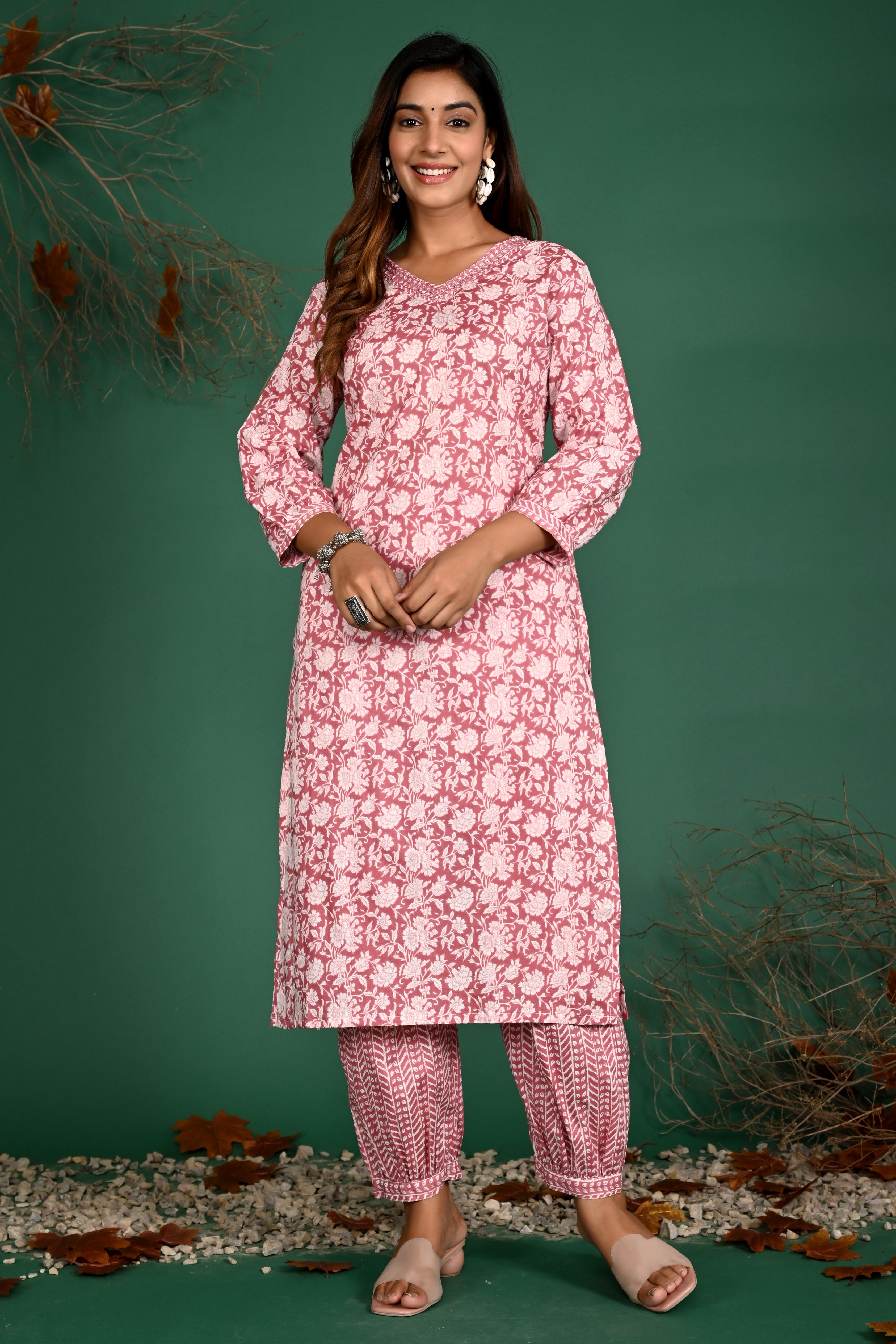 Pink floral v-neck kurti
