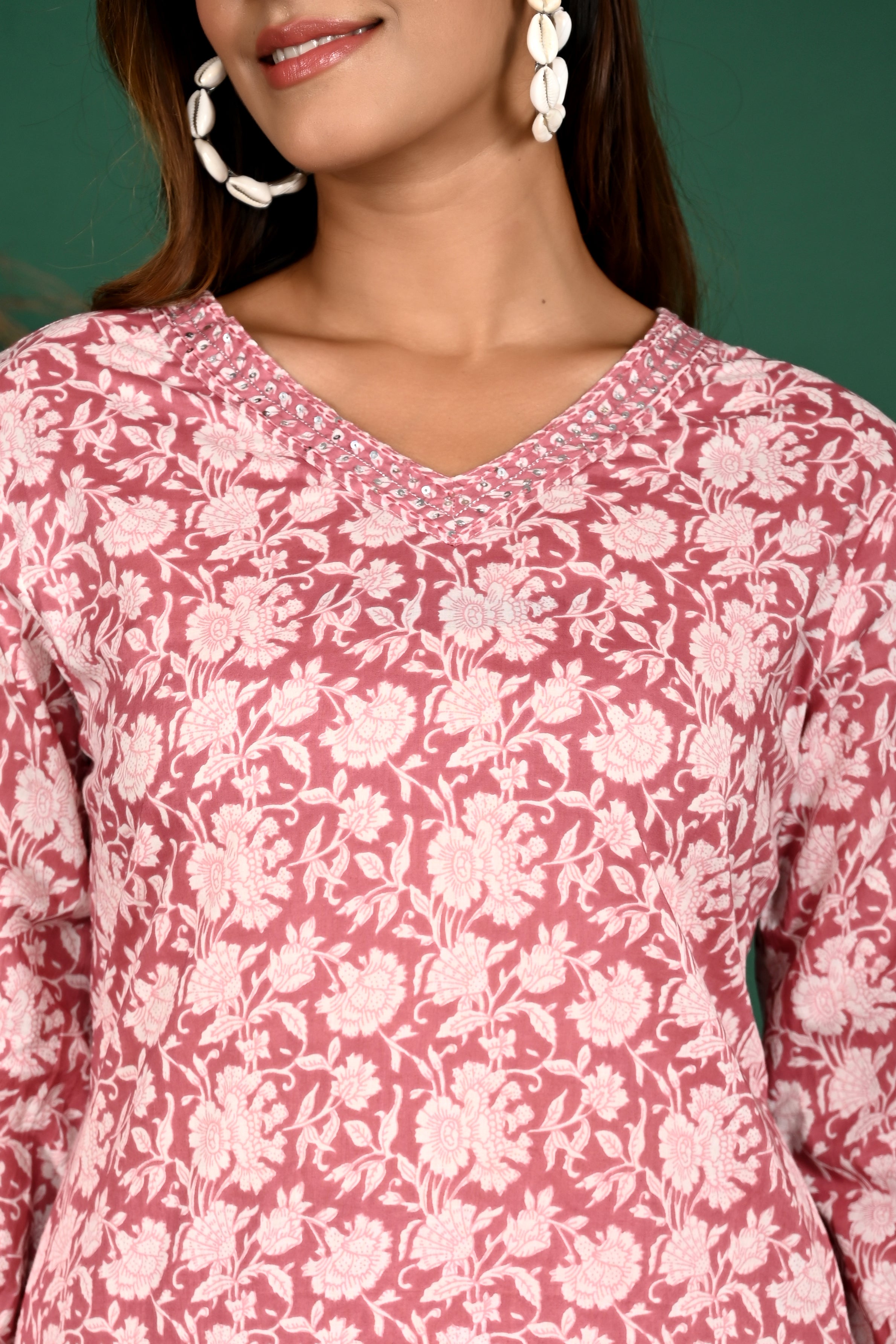 Pink floral v-neck kurti