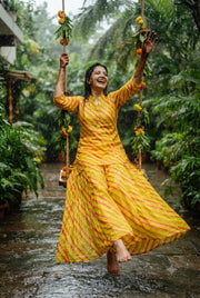 Rajools Women Yellow & Red Leheriya Straight Kurta with Sharara Suit Set
