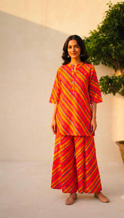 Rajools Women Yellow & Red Leheriya Straight Kurta with Sharara Suit Set
