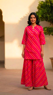 Rajools Women Yellow & Red Leheriya Straight Kurta with Sharara Suit Set