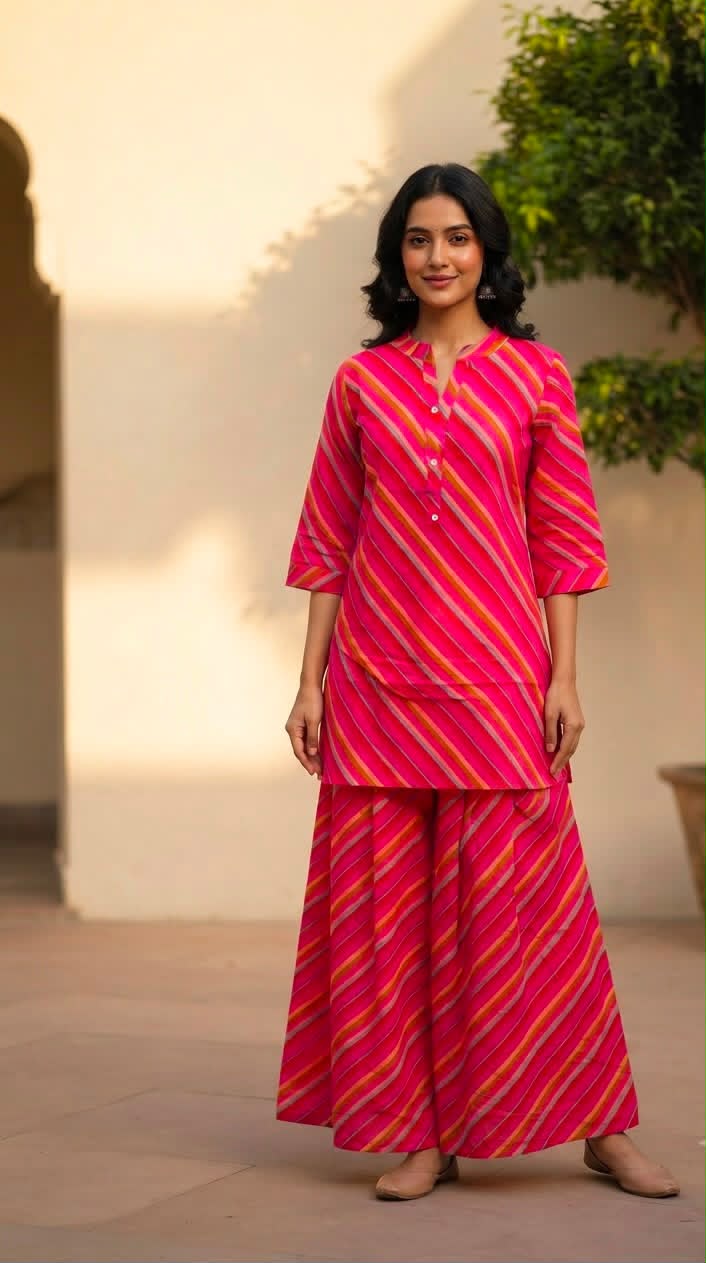 Rajools Women Yellow & Red Leheriya Straight Kurta with Sharara Suit Set