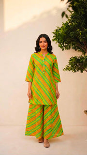 Rajools Women Yellow & Red Leheriya Straight Kurta with Sharara Suit Set