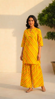 Rajools Women Yellow & Red Leheriya Straight Kurta with Sharara Suit Set