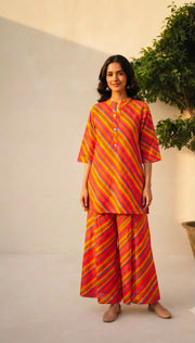 Rajools Women Yellow & Red Leheriya Straight Kurta with Sharara Suit Set