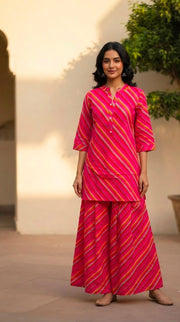 Rajools Women Yellow & Red Leheriya Straight Kurta with Sharara Suit Set