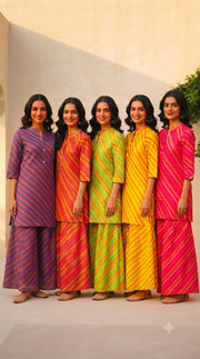 Rajools Women Yellow & Red Leheriya Straight Kurta with Sharara Suit Set