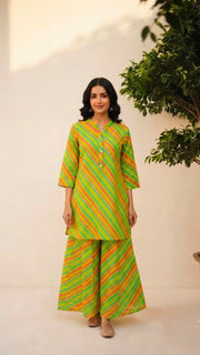 Rajools Women Yellow & Red Leheriya Straight Kurta with Sharara Suit Set