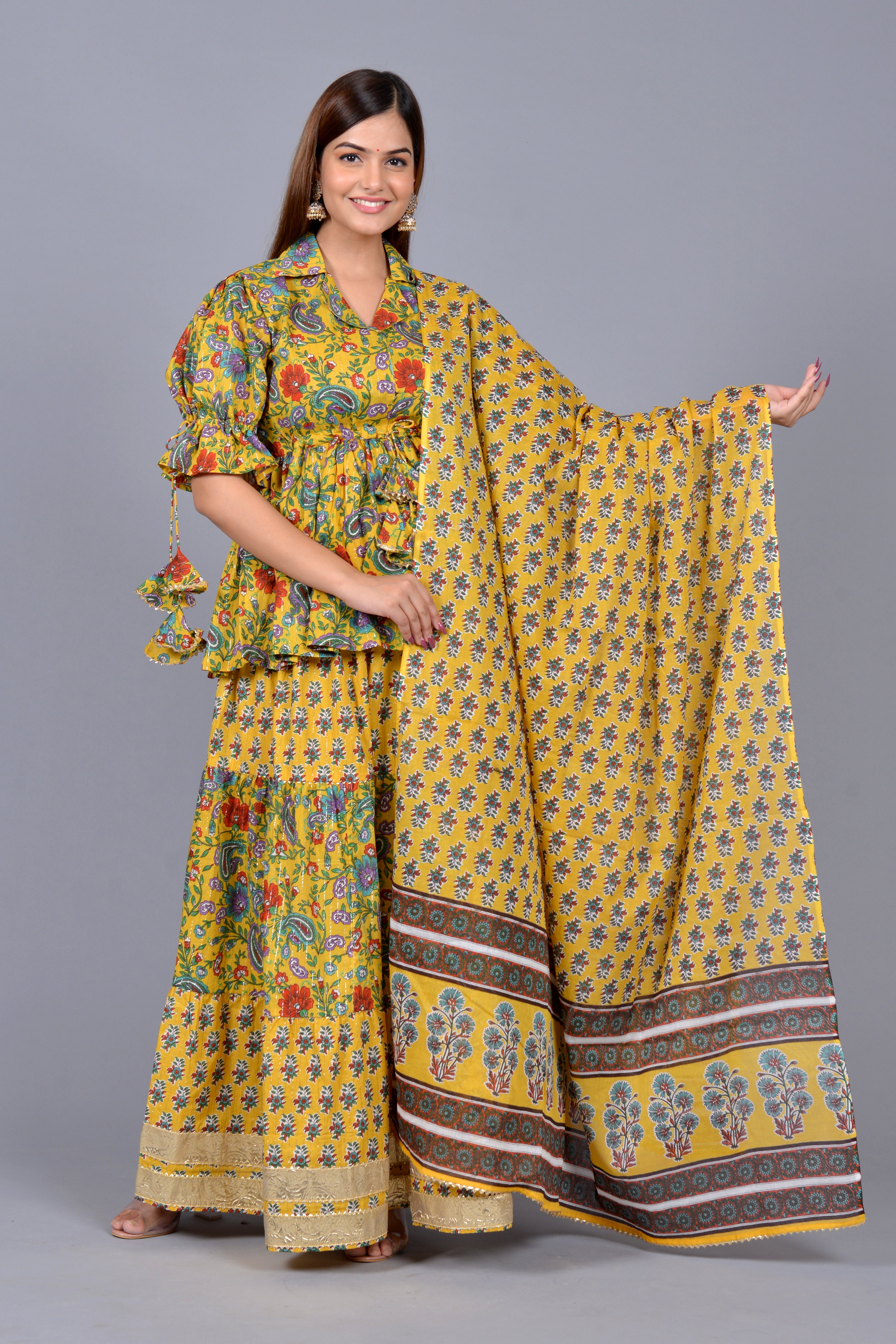 Yellow peplum skirt dupatta set