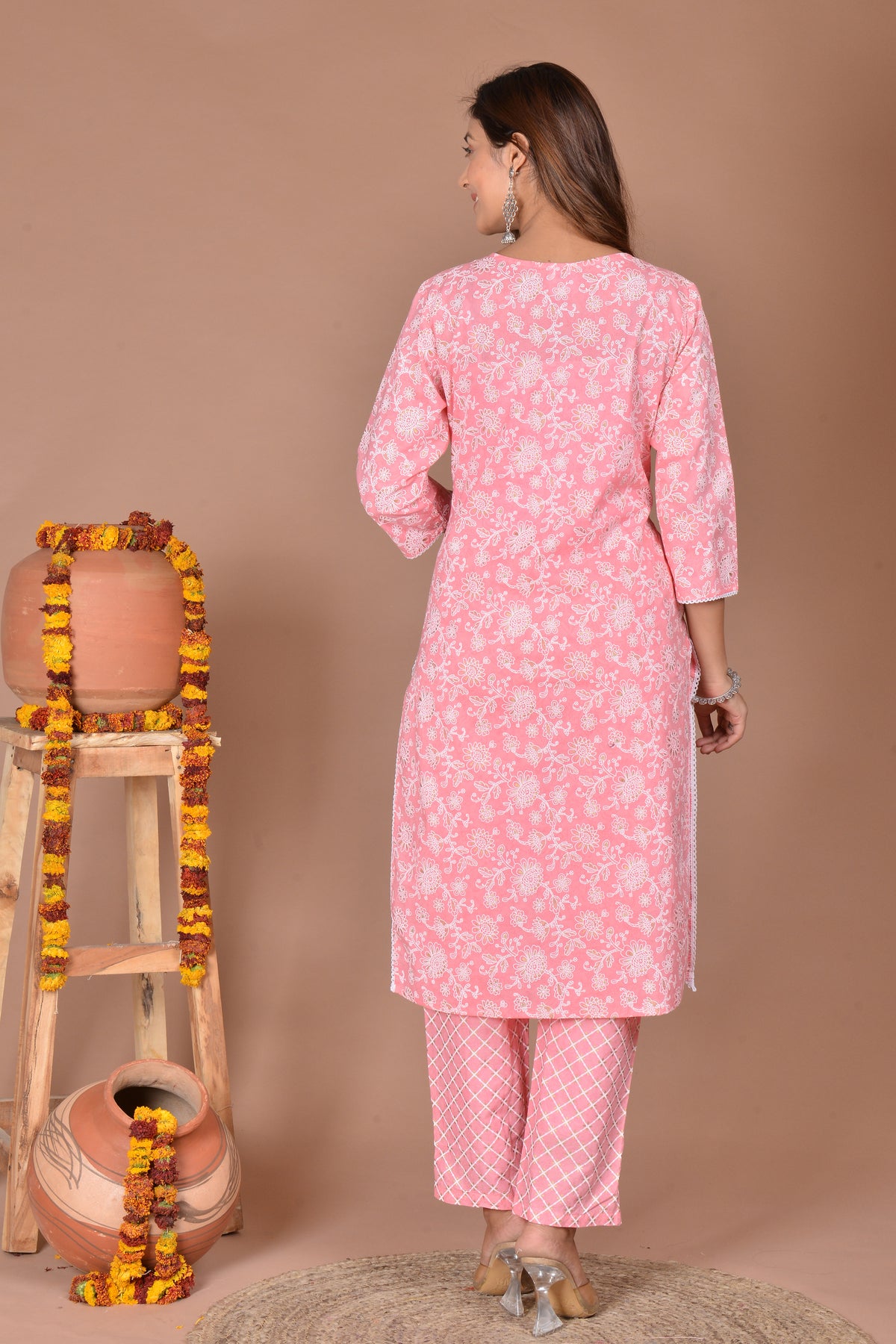 Pink Grey kurti pant dupatta set
