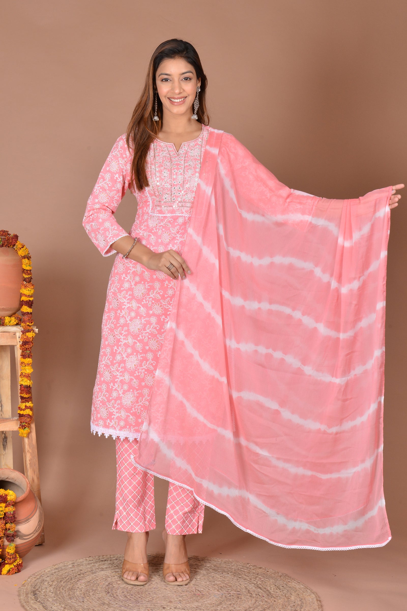 Pink Grey kurti pant dupatta set