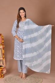 Pink Grey kurti pant dupatta set